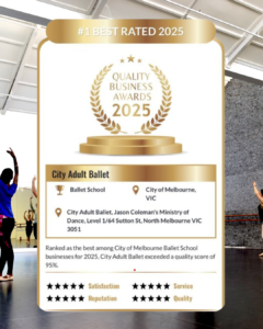 Graphic displaying the Best Ballet School in the City of Melbourne award granted to City Adult Ballet in 2025
