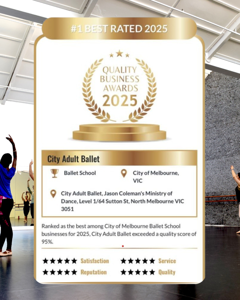 Graphic displaying the Best Ballet School in the City of Melbourne award granted to City Adult Ballet in 2025
