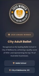 Graphic displaying the Best Ballet School in the City of Melbourne award granted to City Adult Ballet in 2026